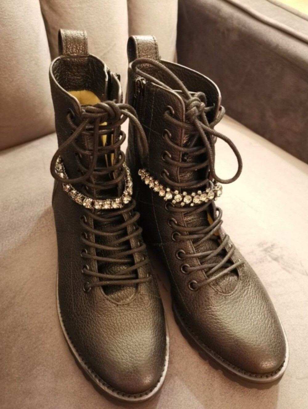 Jimmy Choo Black Grainy Leather Crystal Combat Boots Ankle Booties EU 37 US 7